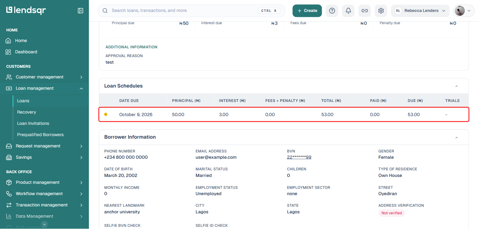 Lendsqr loan detail page showing the Loan Schedules table with the due amount boxed