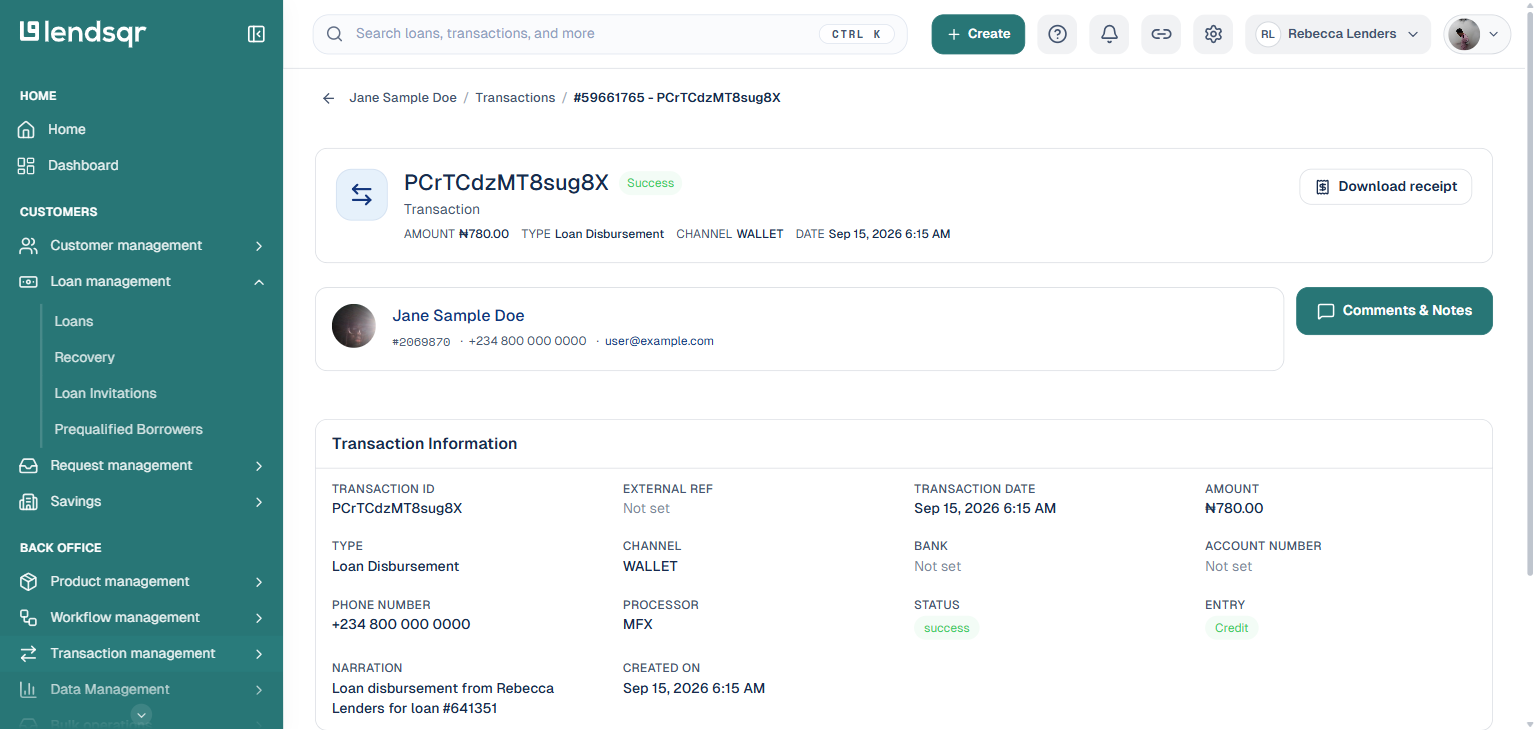 Lendsqr transaction detail page showing transaction ID, type, channel, status, and other fields
