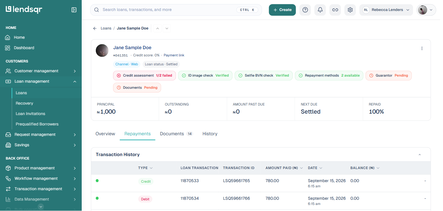 Lendsqr loan profile Repayments tab showing the Transaction History table with type, transaction ID, amount, date, and balance