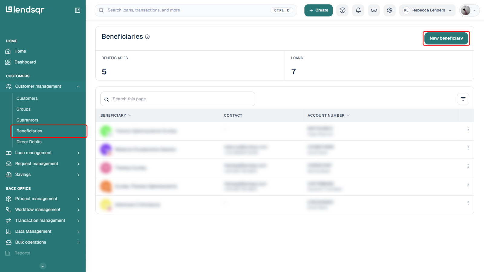 Beneficiaries page with the Customer management sidebar Beneficiaries item and the New beneficiary button both boxed in red, existing beneficiary rows blurred