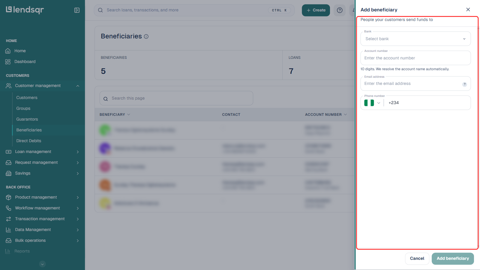 Add beneficiary side panel with Bank, Account number, Email address, and Phone number fields boxed in red, existing beneficiary table PII blurred in the background