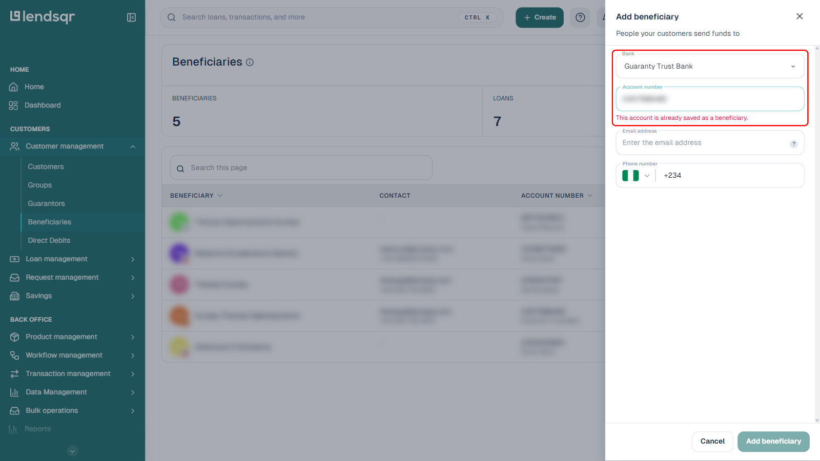 Add beneficiary panel showing a validation message that reads This account is already saved as a beneficiary, Bank and Account number fields boxed in red, account number value blurred