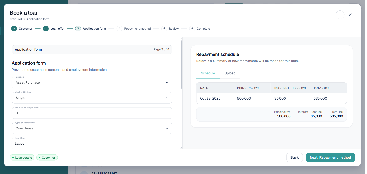 Book a loan wizard step 3 Application form with Purpose Marital Status Number of dependents Type of residence and Location fields
