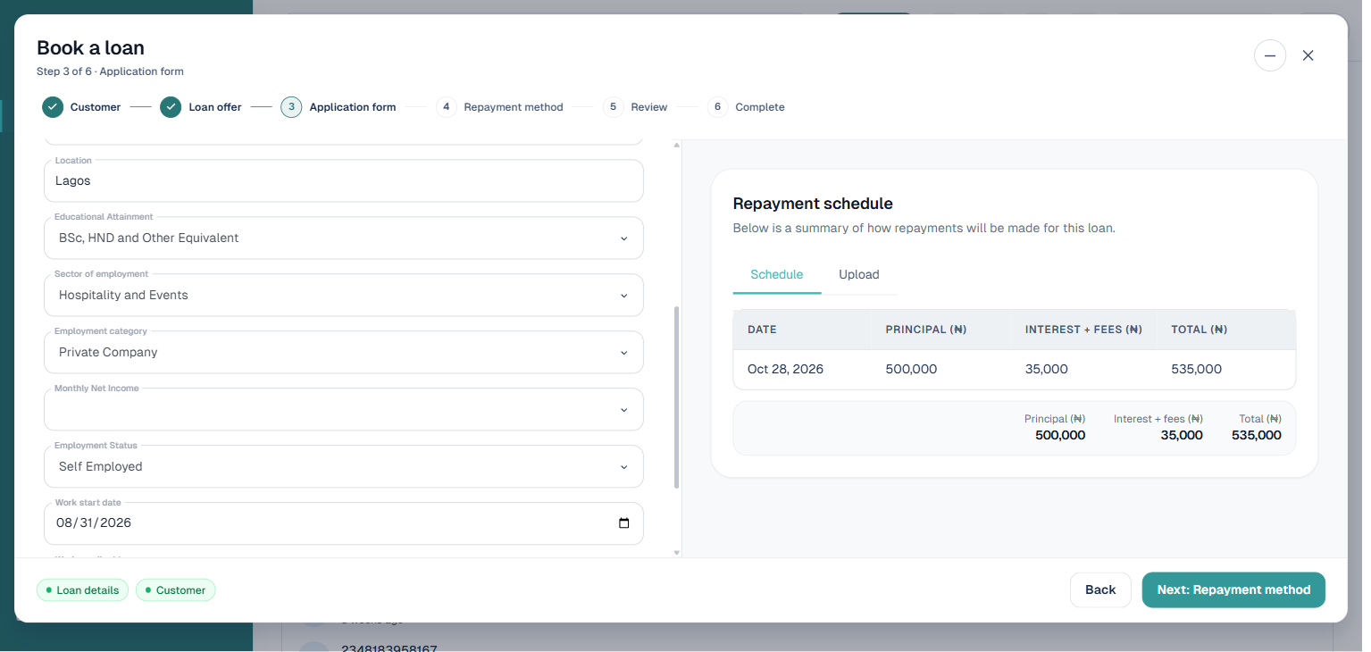 Book a loan wizard Application form step scrolled down showing Educational Attainment Sector of employment Employment category Monthly Net Income Employment Status and Work start date fields