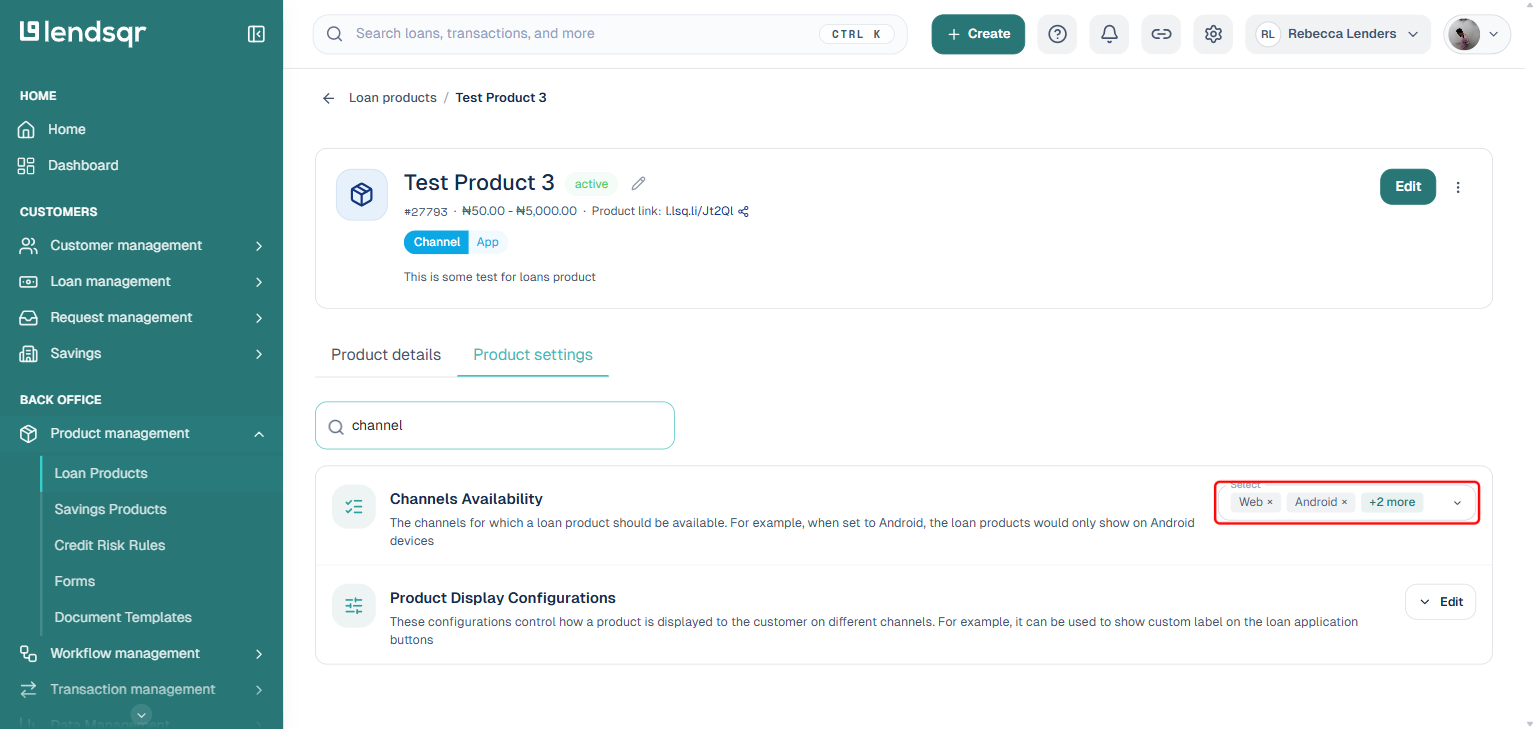 Product settings search for channel showing Channels Availability chip multiselect boxed