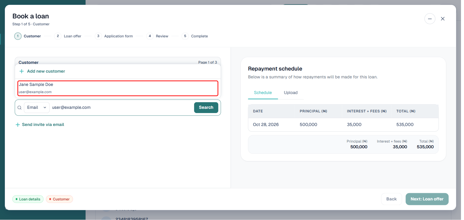 Book a loan wizard customer search showing a matching customer result boxed with placeholder name and email