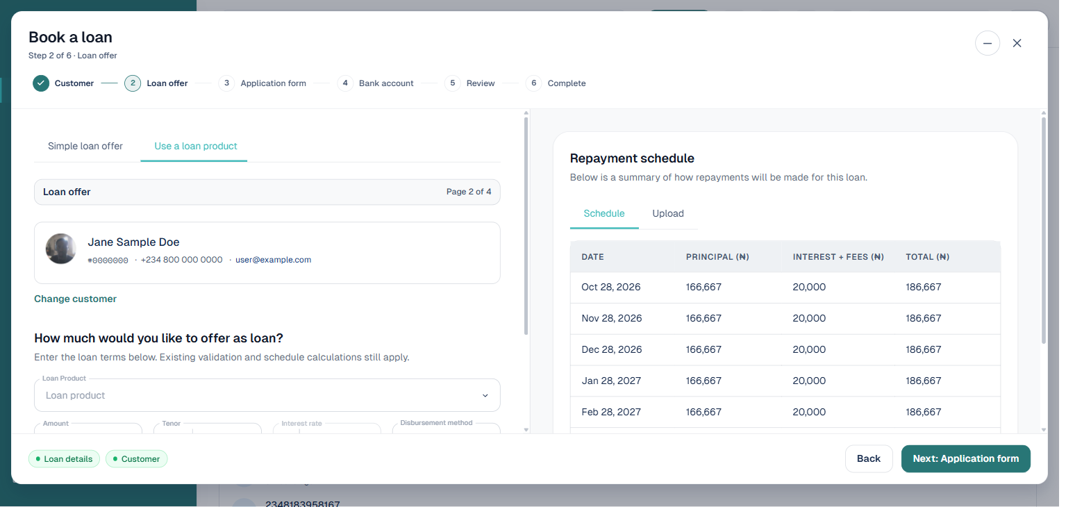 Book a loan wizard step 2 Loan offer with Use a loan product tab and loan terms fields