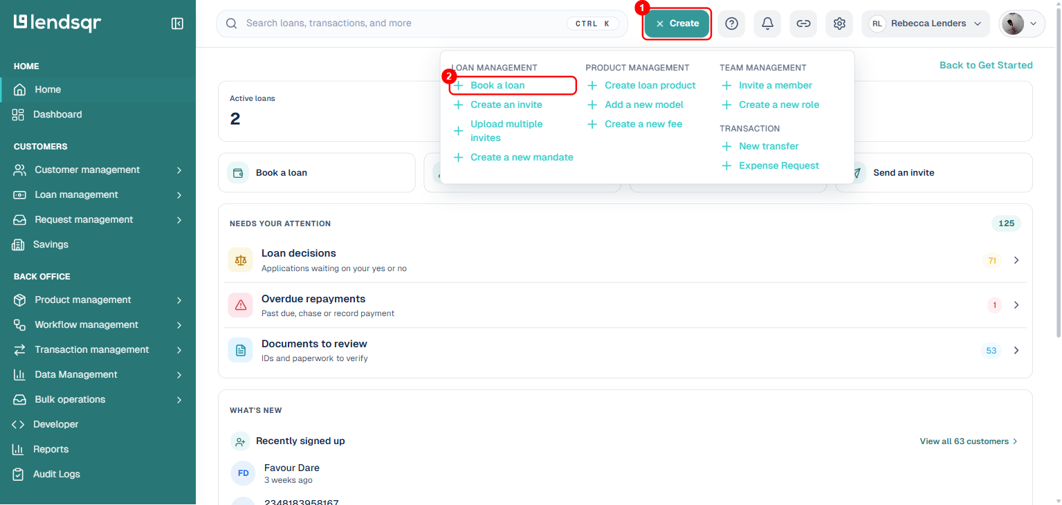 Top navigation Create dropdown open with Book a loan menu item boxed