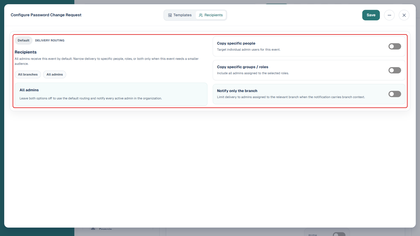 Recipients tab in its default state boxed in red, showing All branches, All admins routing, and the Copy specific people, Copy specific groups / roles, and Notify only the branch toggles all off