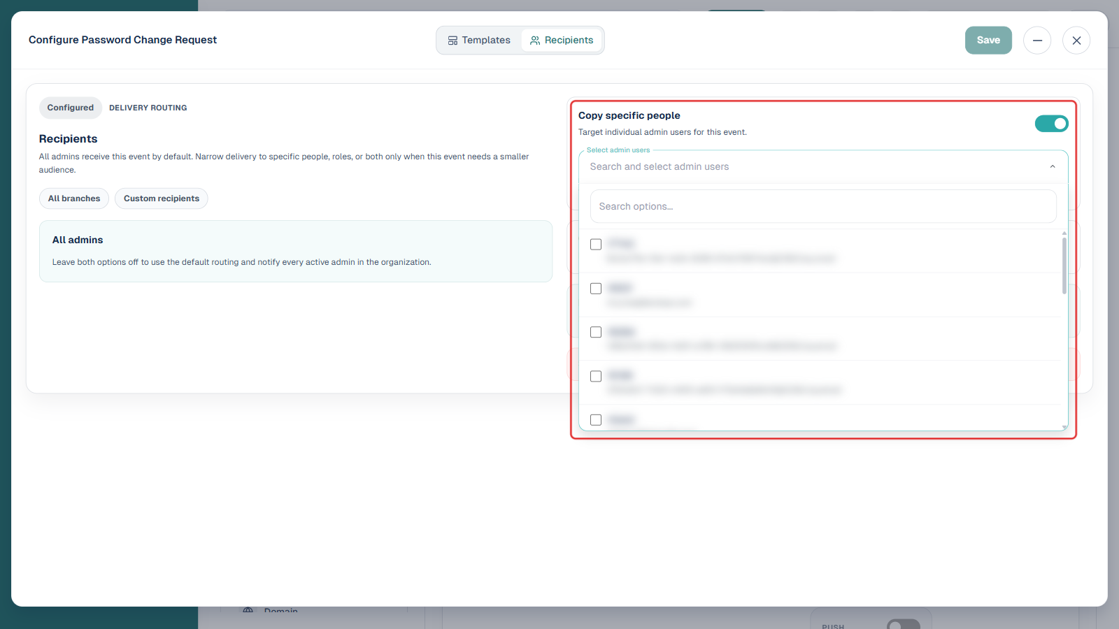 Copy specific people toggled on, boxed in red, with the Select admin users dropdown open showing a searchable, checkbox list of admins, IDs and emails blurred