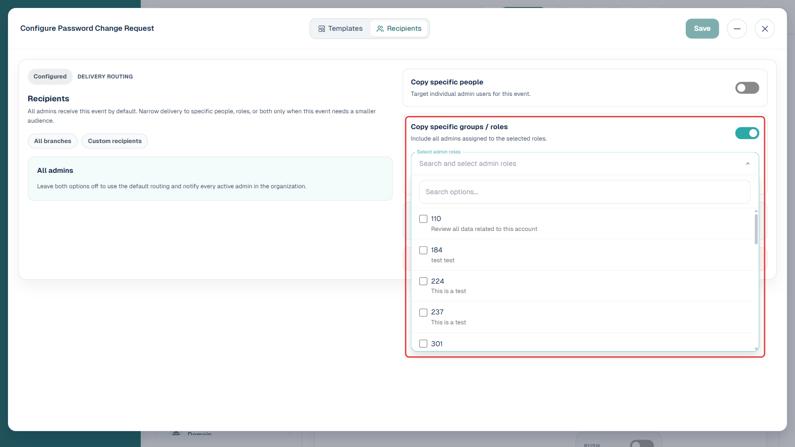 Copy specific groups / roles toggled on, boxed in red, with the Select admin roles dropdown open showing a searchable, checkbox list of admin roles