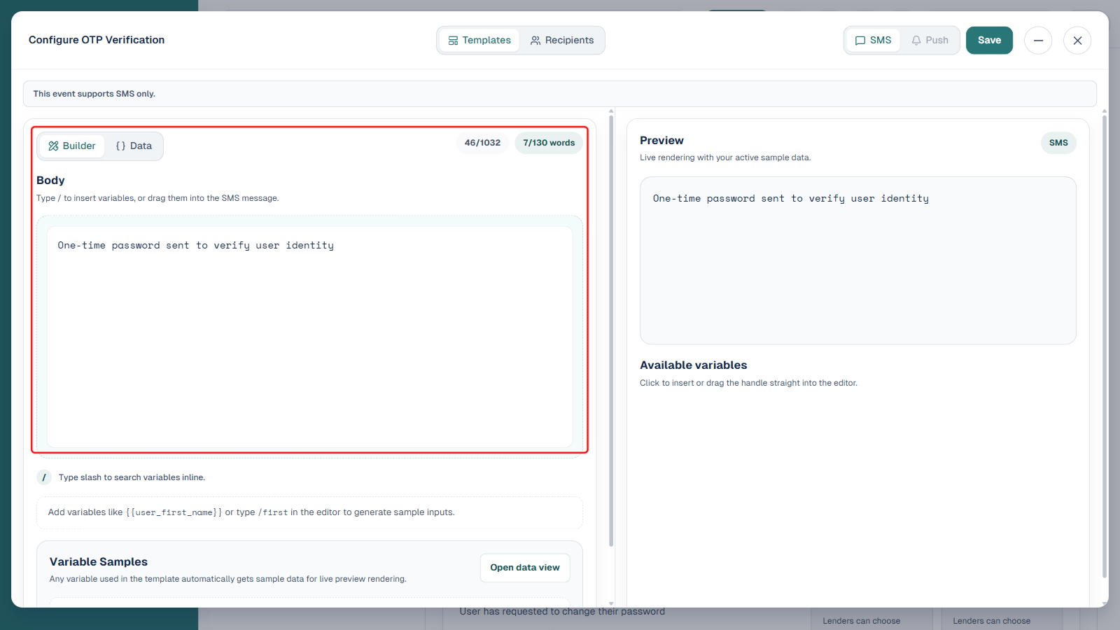 Configure OTP Verification panel with the Builder/Data toggle, character and word counters, and Body editor field boxed in red