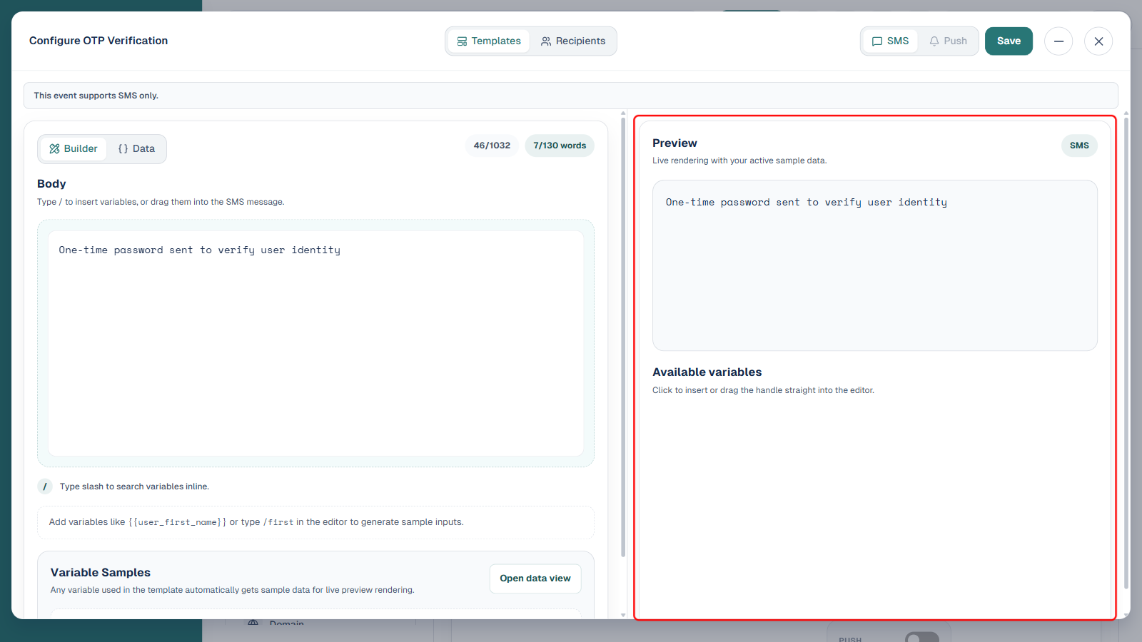 Configure OTP Verification panel with the Preview panel and Available variables section boxed in red, box clamped to the panel actual boundary