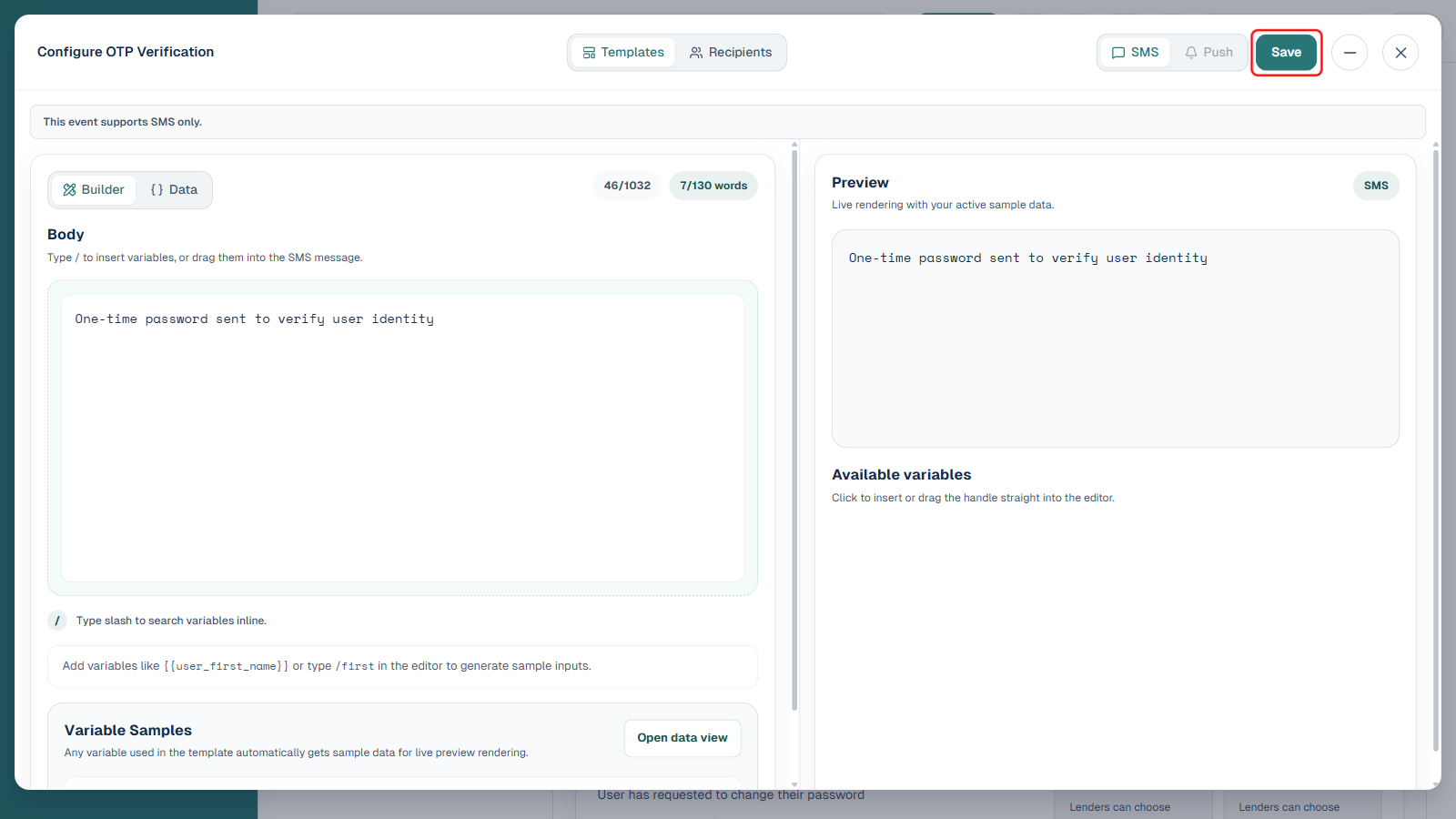 Configure OTP Verification panel with the Save button boxed in red