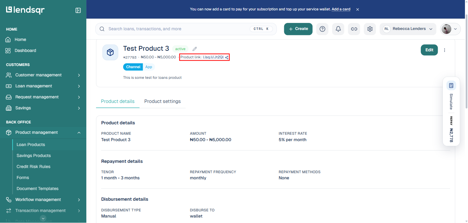 Product overview header showing the Product link row with the Share product link button