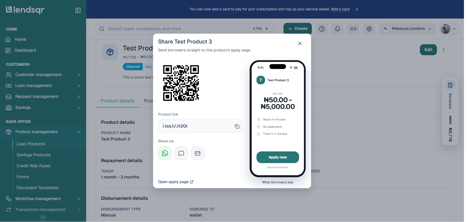 Share product dialog showing the QR code, copyable product link, WhatsApp/SMS/email share links, and a live preview of what borrowers see