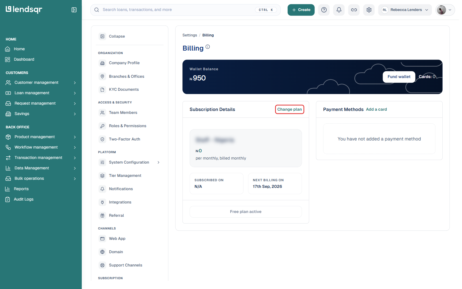 Settings Billing page showing wallet balance, subscription details with Change plan button highlighted, and payment methods
