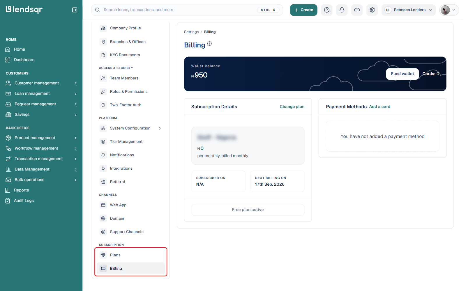 Settings sidebar with Plans and Billing highlighted under the SUBSCRIPTION section