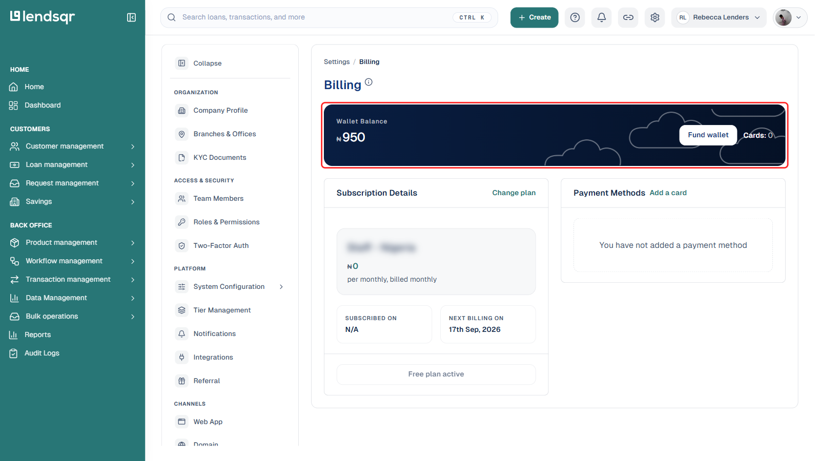 Lendsqr admin console Billing settings page, with the Wallet Balance card boxed in red, showing balance, Fund wallet button, Subscription Details with the plan name blurred, and Payment Methods