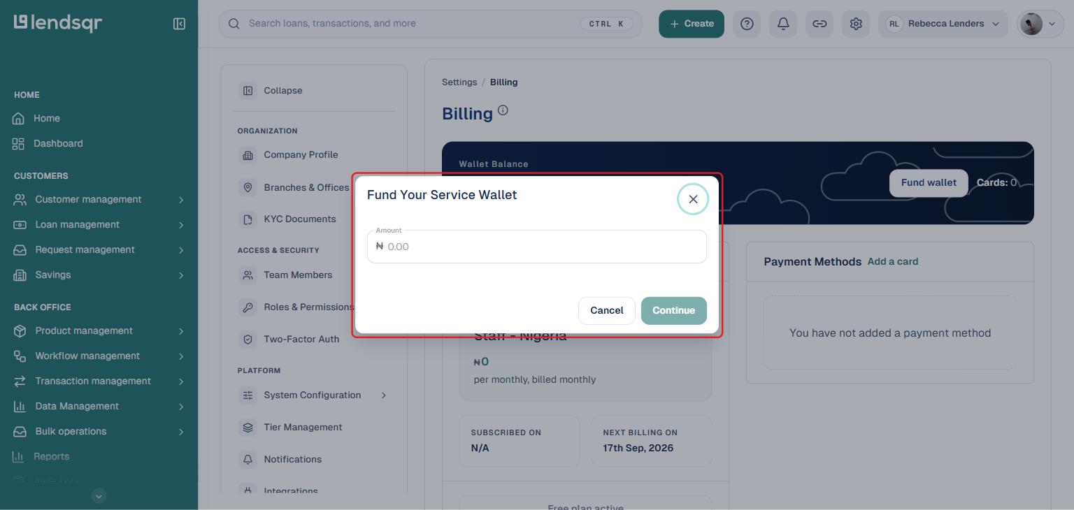 Fund Your Service Wallet dialog on the Billing settings page, boxed in red, with an Amount field and Continue button