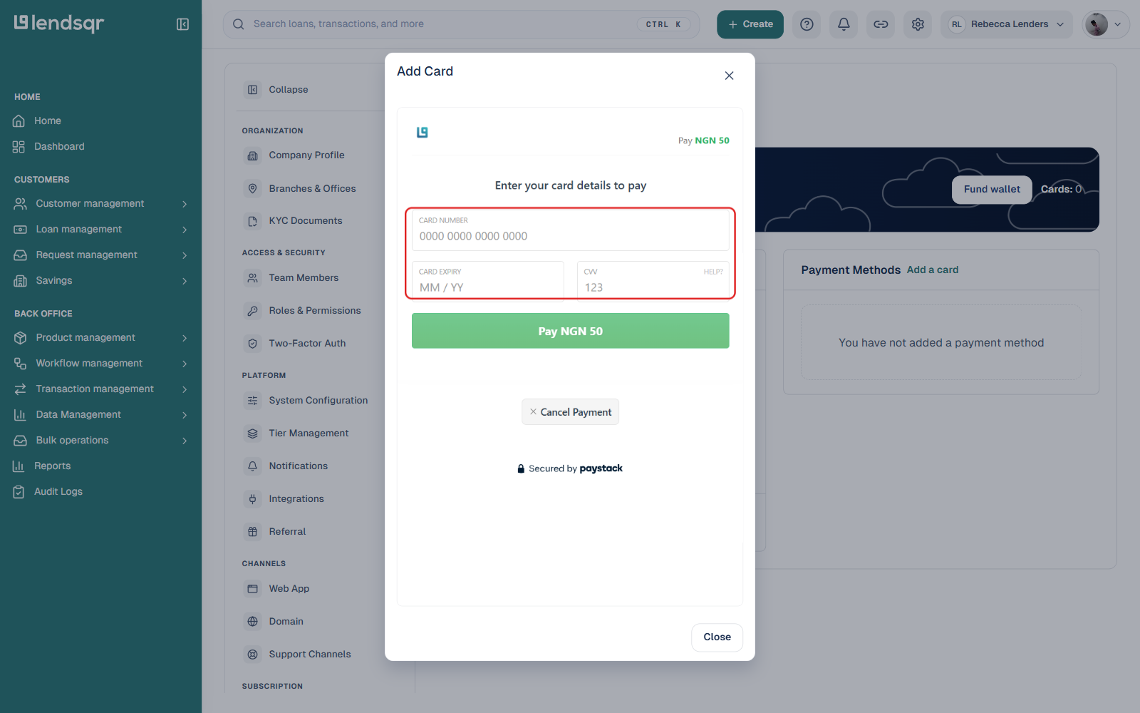 Add Card modal showing a Paystack-powered card verification checkout with card number, expiry, and CVV fields highlighted