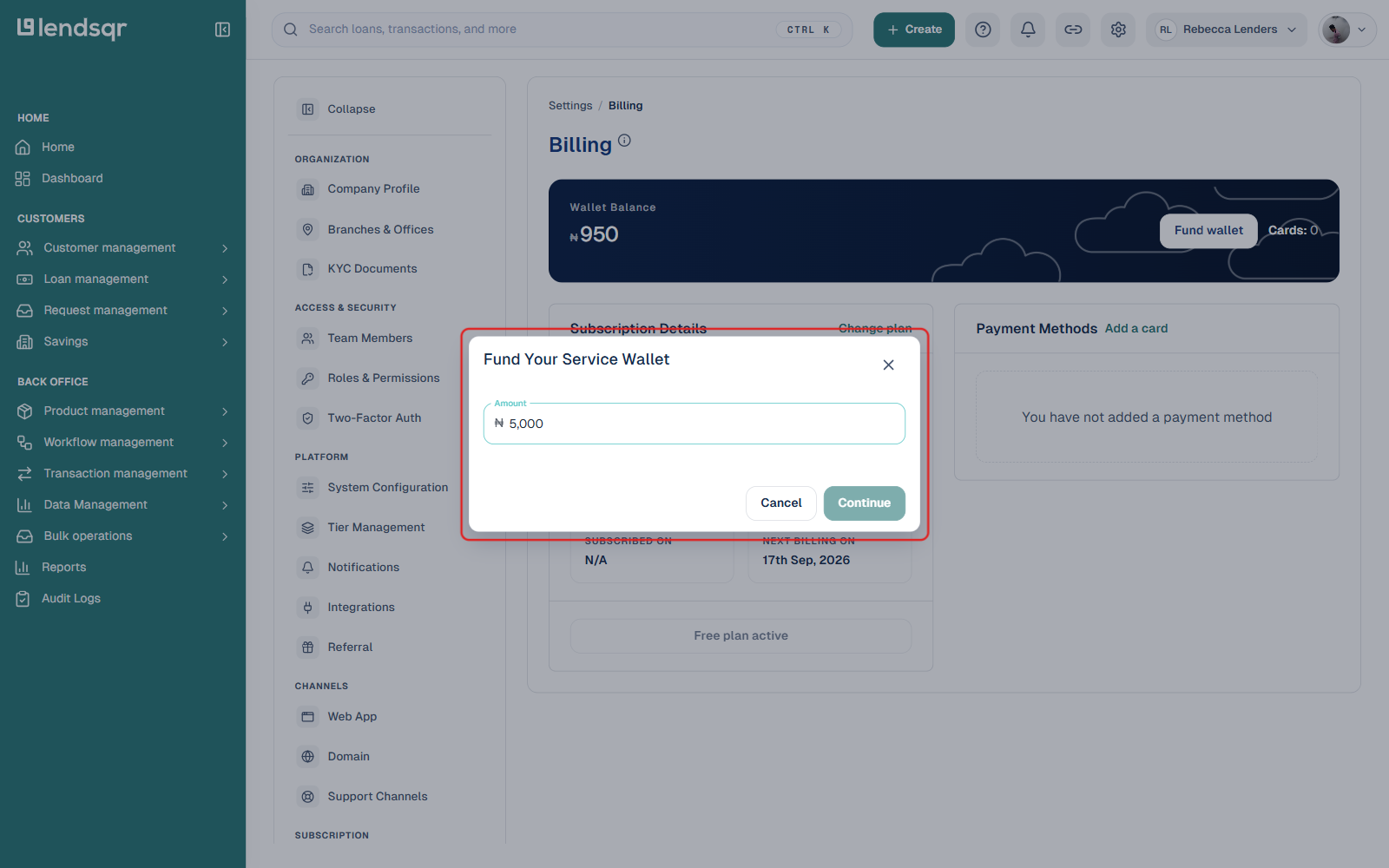 Fund Your Service Wallet modal with the Amount field highlighted, an amount entered, and a Continue button