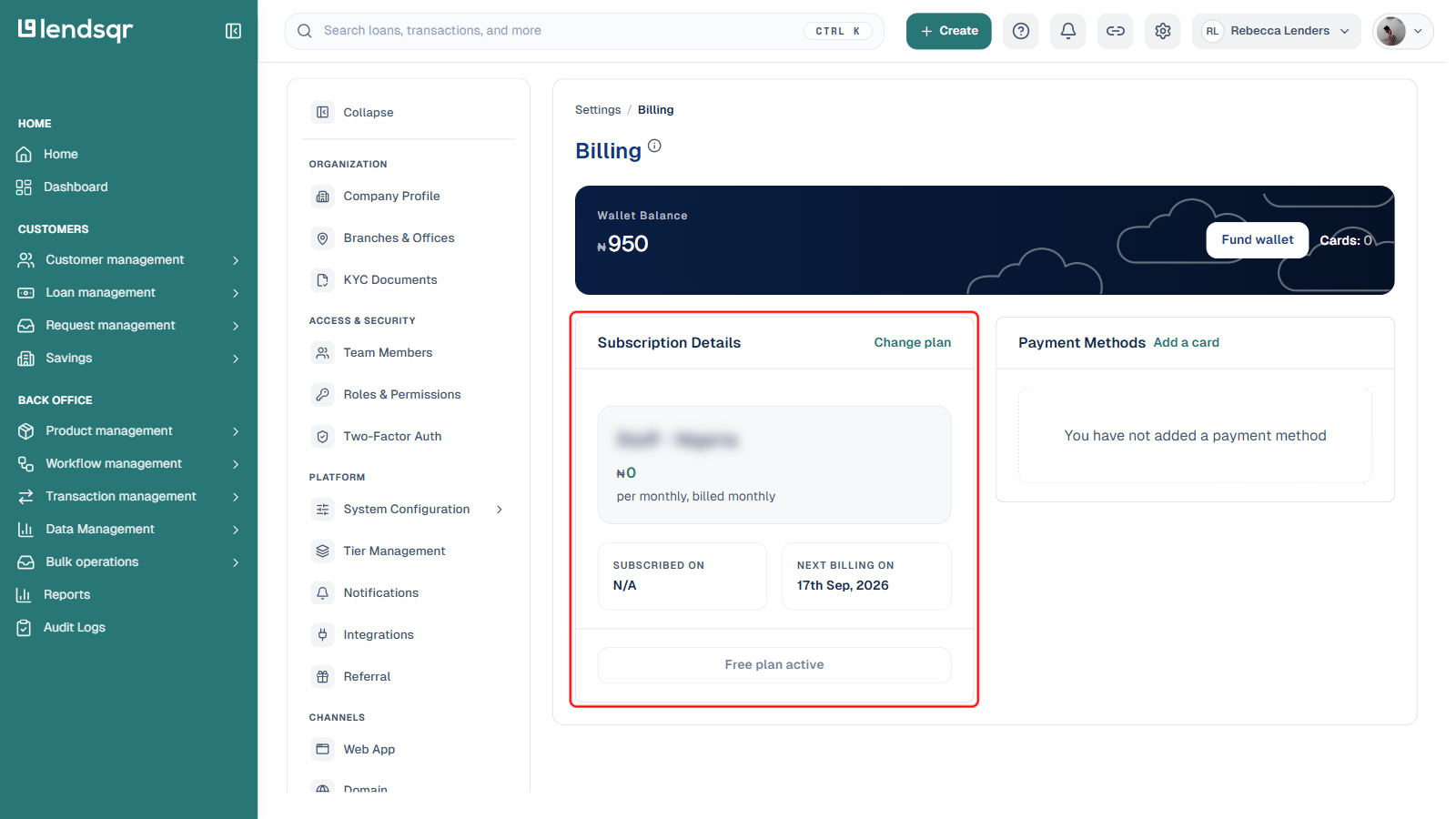 Subscription Details card on the Billing page boxed in red, plan name blurred, showing the current plan, next billing date, a Change plan link, and no separate Cancel Subscription button