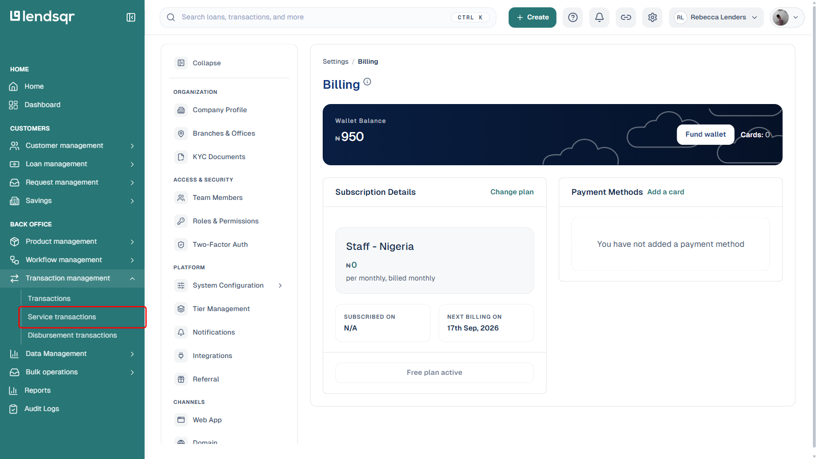 Service transactions link boxed in red under the expanded Transaction management section of the sidebar