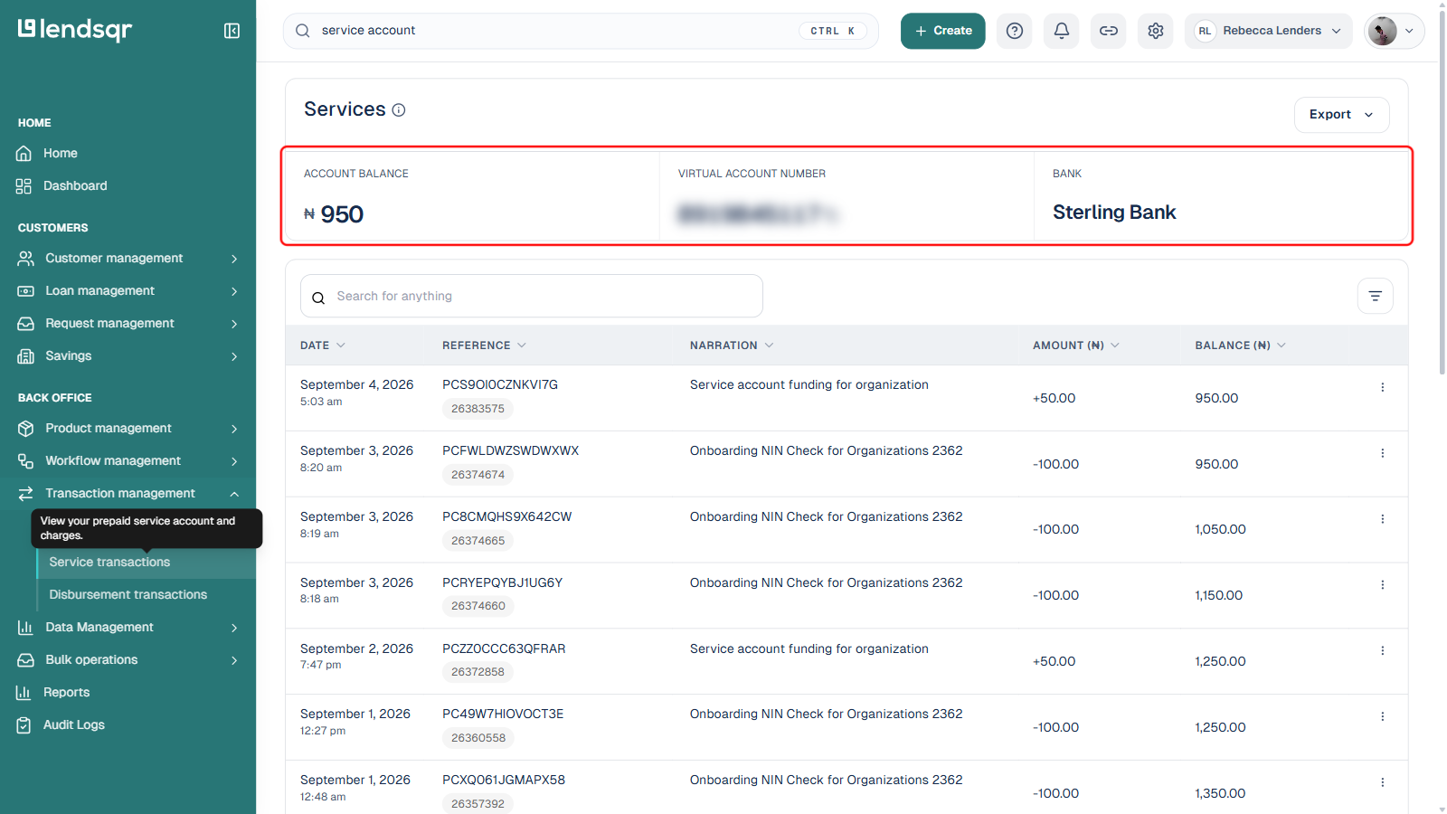 Services page under Transaction management showing Account Balance, Virtual Account Number (blurred), and Bank, boxed in red