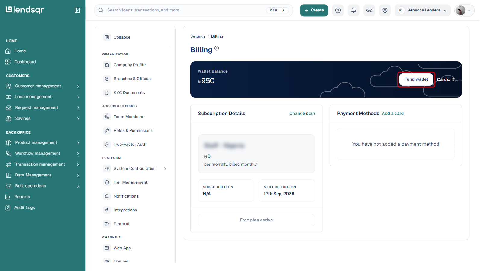 Wallet Balance card on the Billing page with the Fund wallet button boxed in red, plan name blurred in the Subscription Details card behind it