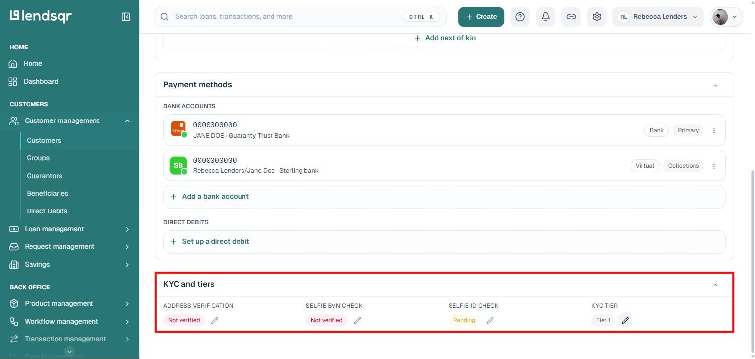Customer profile General Details tab, highlighted, showing the KYC and tiers card with Address Verification, Selfie BVN Check, Selfie ID Check, and KYC tier shown as plain badges