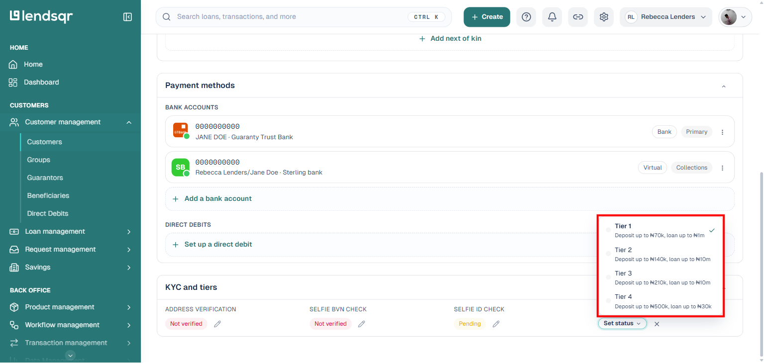 KYC tier edit dropdown, highlighted, showing all 4 tiers with their real deposit and loan limits for this tenant