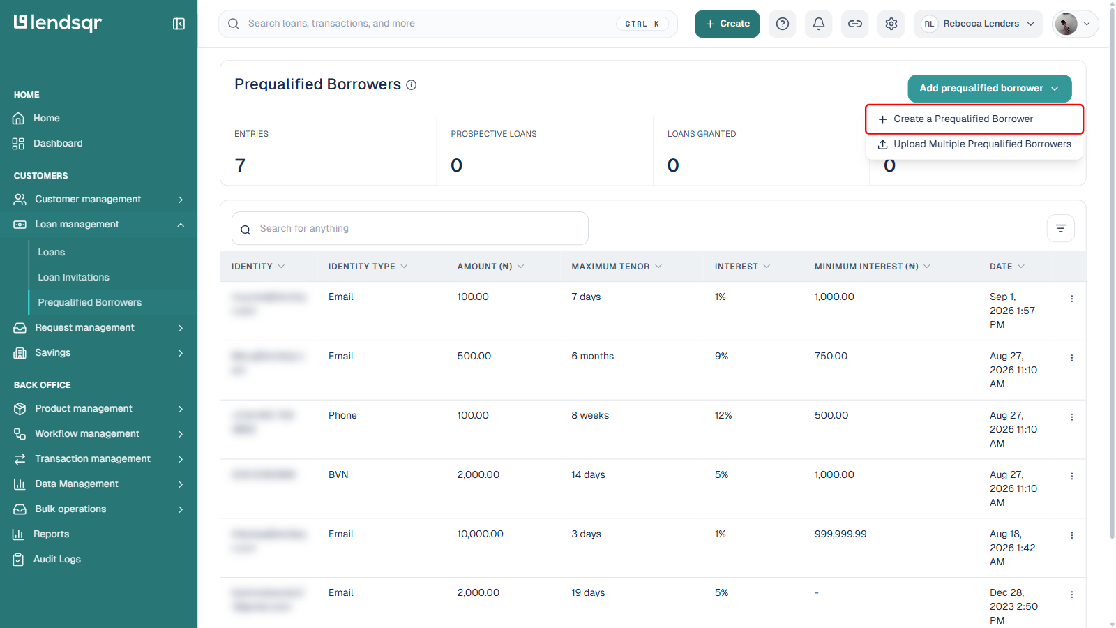 Prequalified Borrowers page with the Add prequalified borrower dropdown open, Create a Prequalified Borrower option boxed in red, Upload Multiple Prequalified Borrowers also visible, Identity column blurred