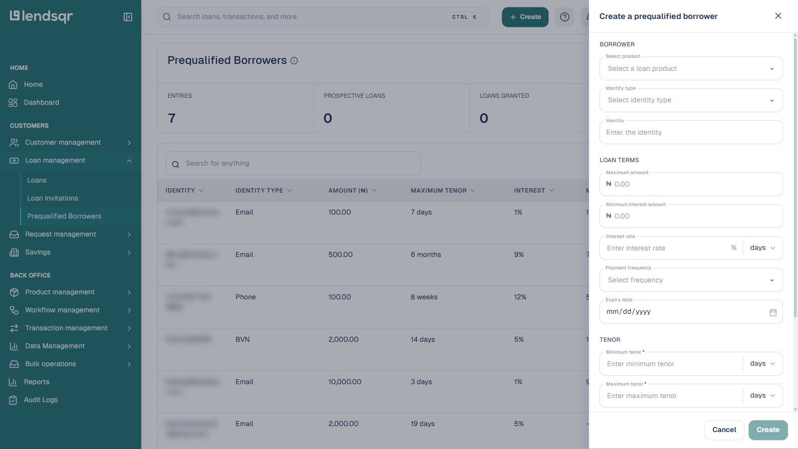 Create a prequalified borrower side panel showing the Borrower section (Select product, Identity type, Identity) and the top of the Loan terms section