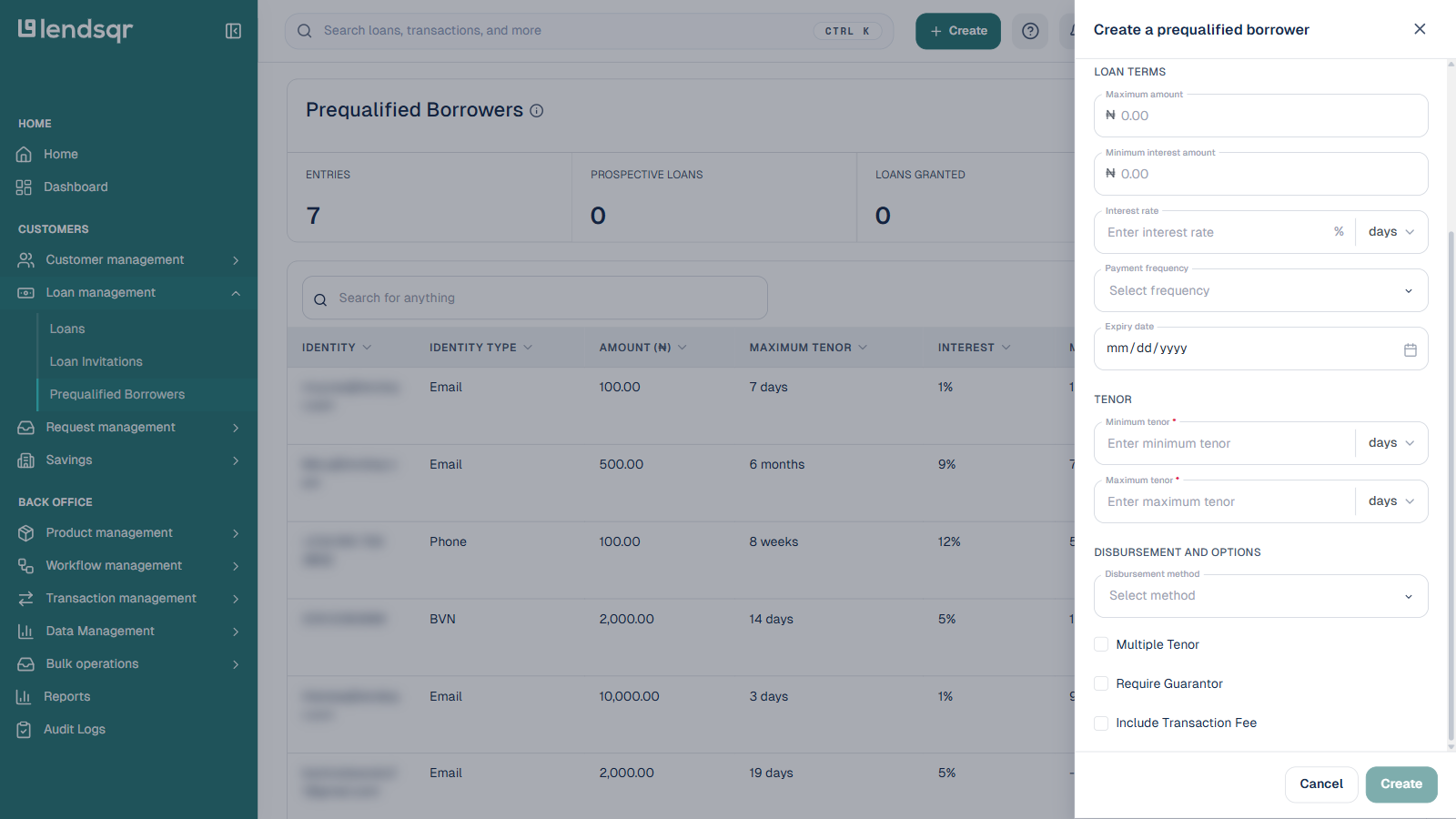 Create a prequalified borrower side panel scrolled down, showing the rest of Loan terms, the Tenor section, and the Disbursement and options section with Multiple Tenor, Require Guarantor, and Include Transaction Fee checkboxes