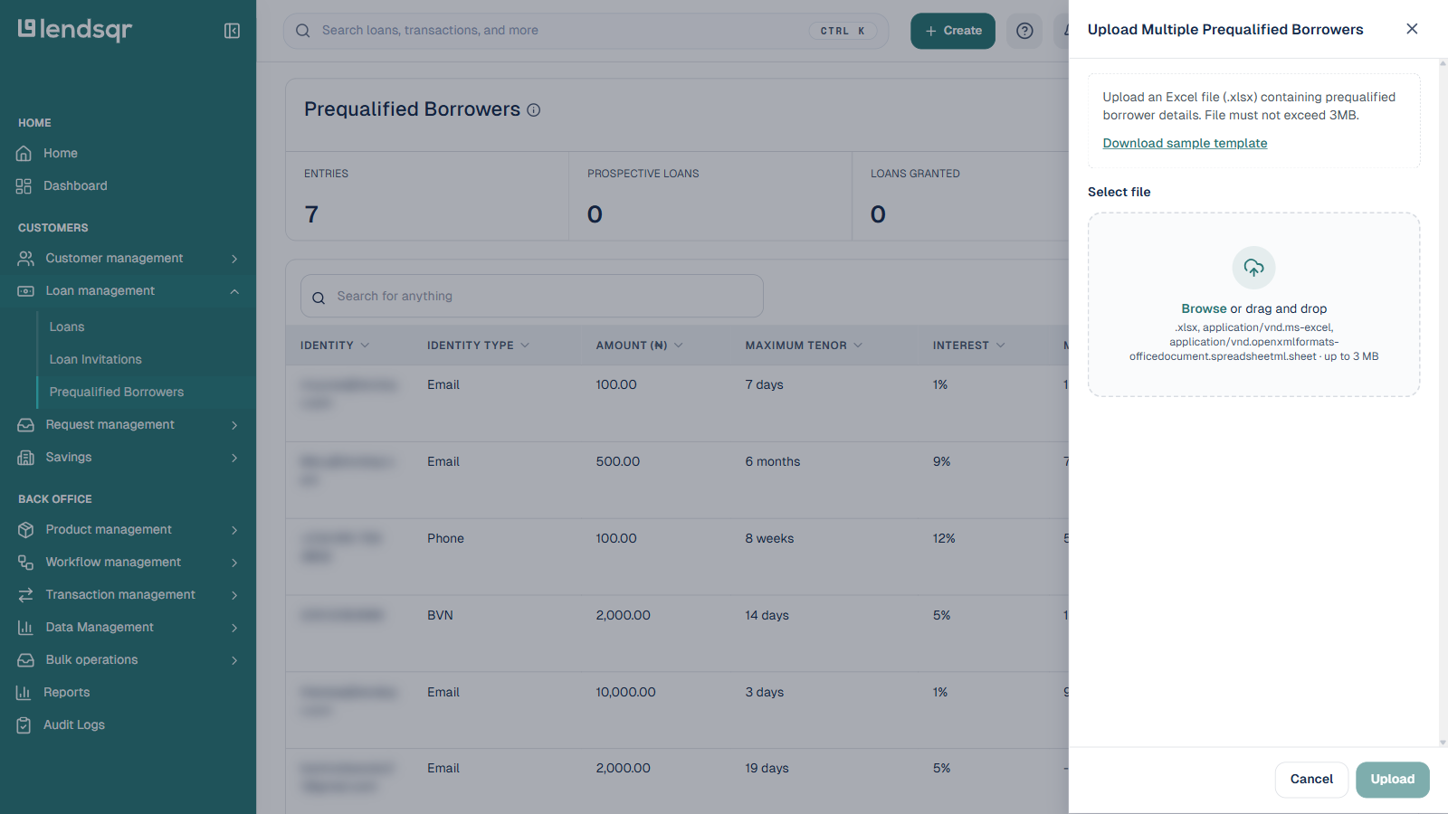 Upload Multiple Prequalified Borrowers side panel showing the Download sample template link, file requirements (.xlsx, up to 3MB), and a Browse or drag and drop dropzone, Identity column blurred in the background