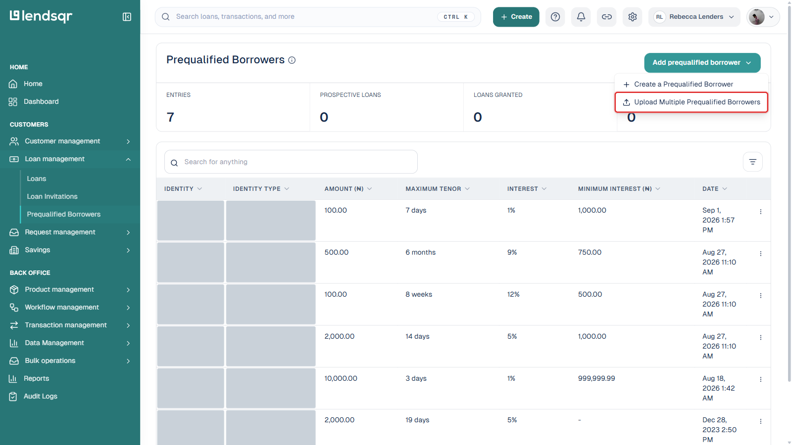 Prequalified Borrowers page with the Add prequalified borrower dropdown open; the Upload Multiple Prequalified Borrowers option is boxed in red; Identity and Identity Type columns blurred