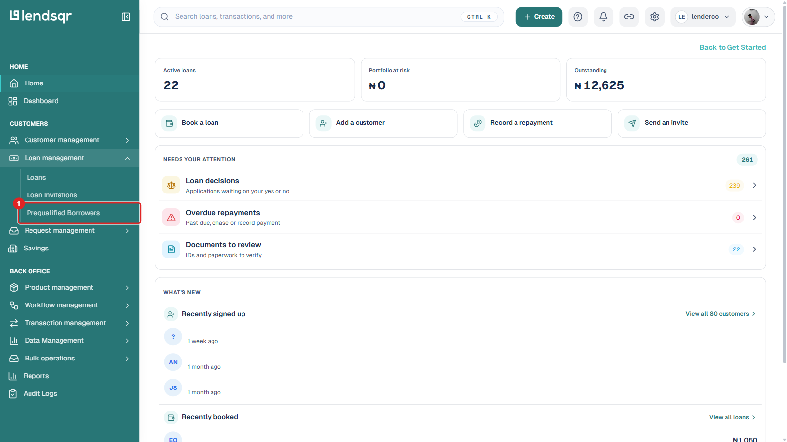 Loan management expanded in the sidebar with the Prequalified Borrowers item boxed, alongside Loans and Loan Invitations; customer names on the dashboard blurred