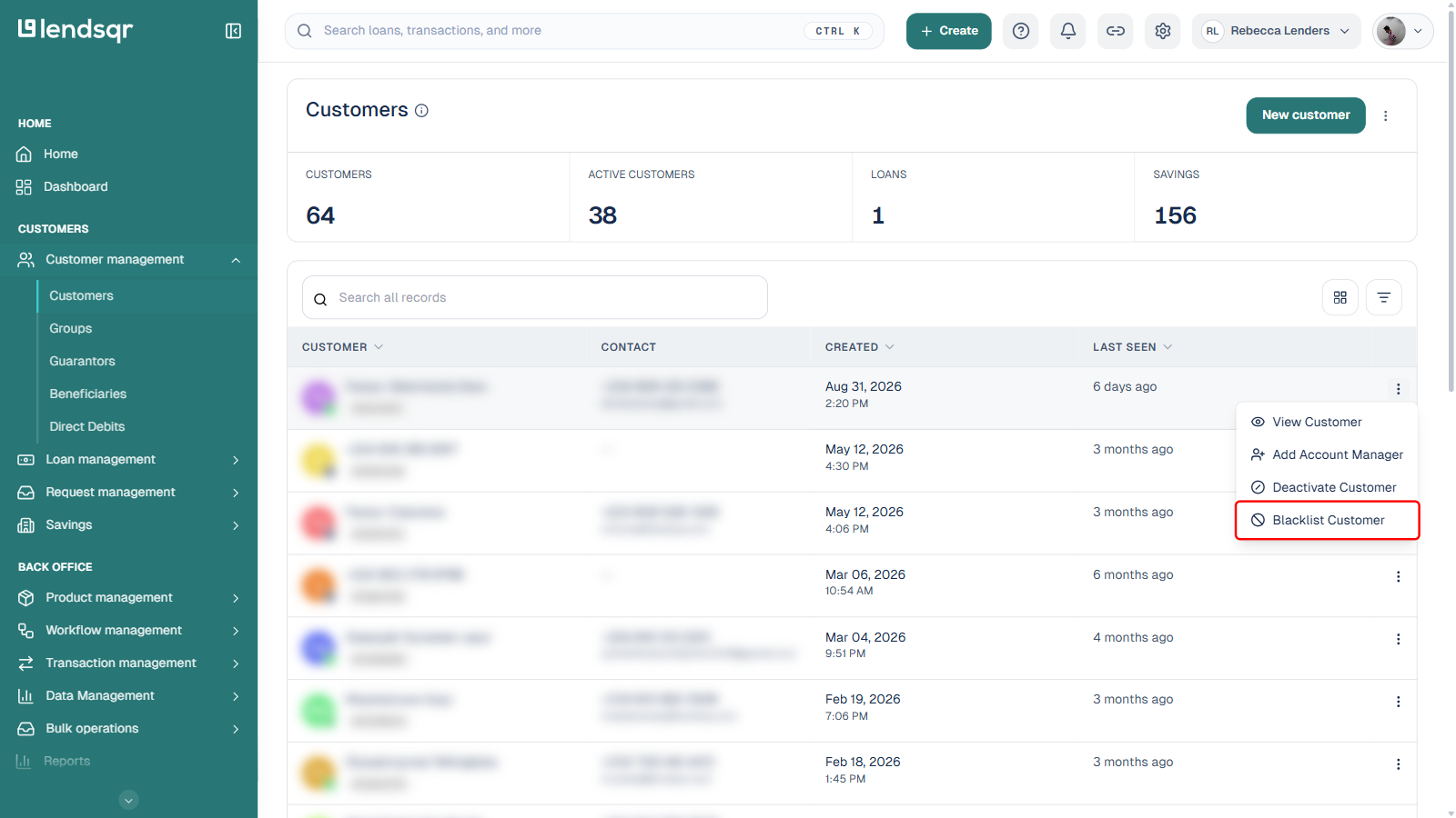 Customer row actions menu with View Customer, Add Account Manager, Deactivate Customer, and Blacklist Customer options, Blacklist Customer boxed in red, customer names and contact details blurred