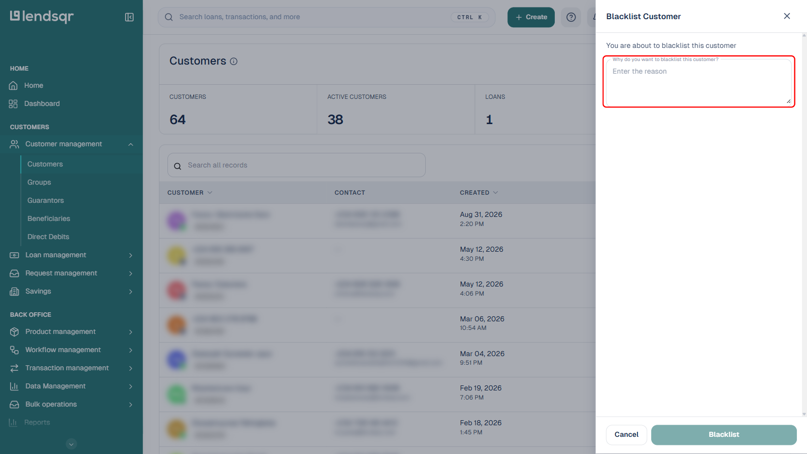 Blacklist Customer side panel with a required reason field boxed in red, Cancel and Blacklist buttons at the bottom, customer table PII blurred in the background