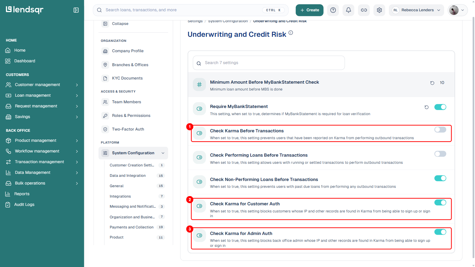 Underwriting and Credit Risk system settings page with three numbered red boxes: 1 Check Karma Before Transactions toggle, 2 Check Karma for Customer Auth toggle, 3 Check Karma for Admin Auth toggle