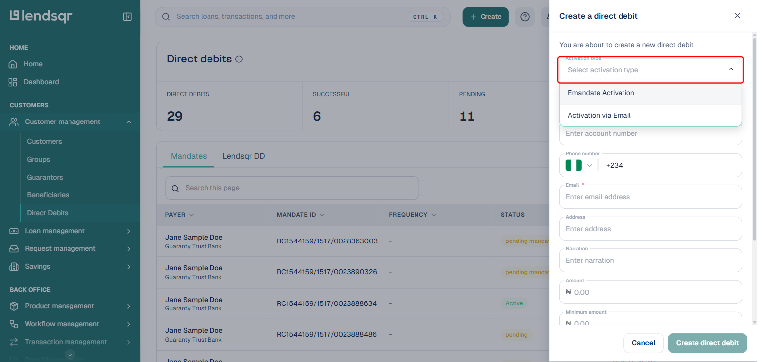 Create a direct debit panel with Activation type dropdown open showing Emandate Activation and Activation via Email options, boxed