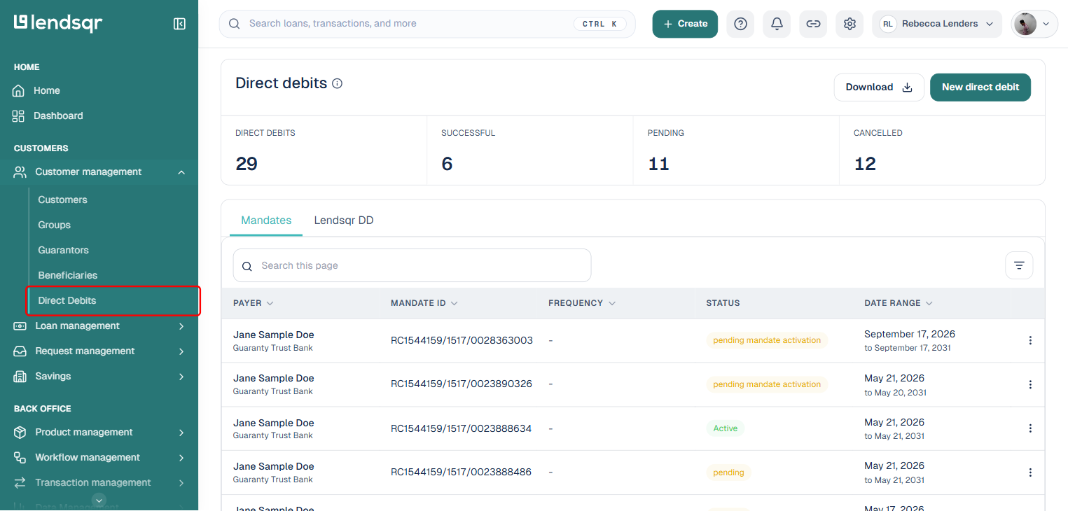 Direct debits page under Customer management showing the Mandates list with Direct Debits sidebar link boxed