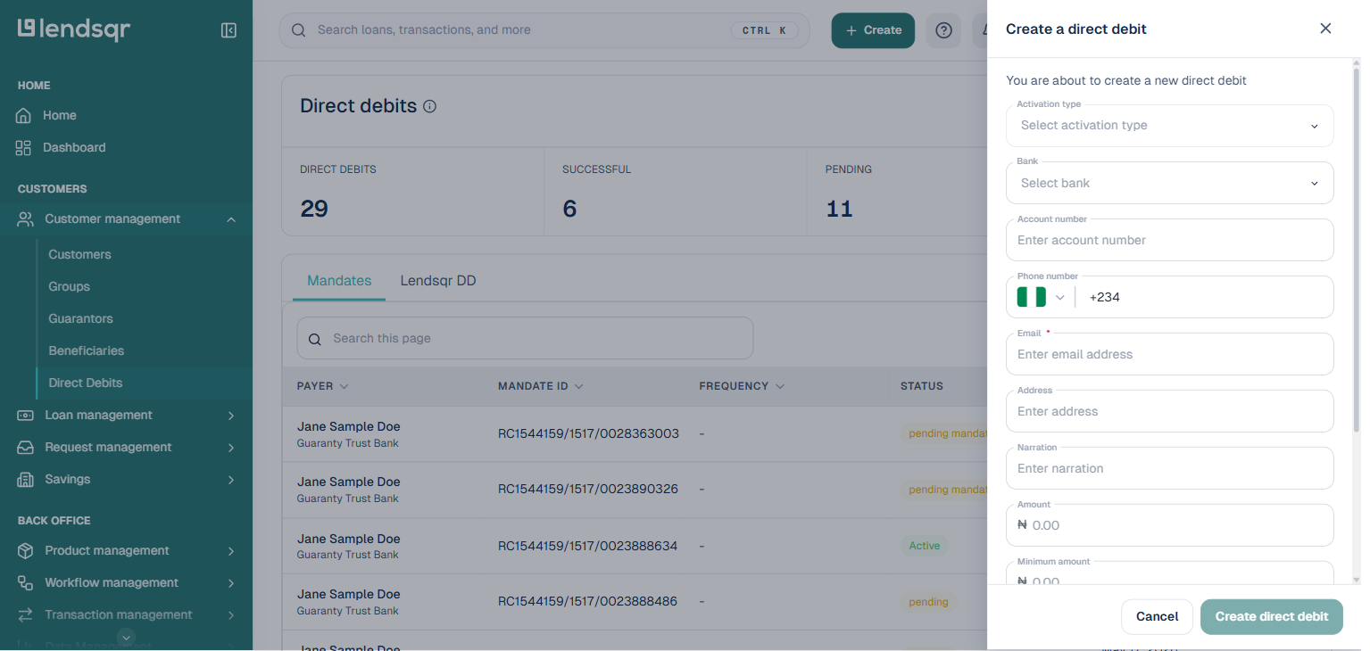 Create a direct debit side panel with Activation type Bank Account number Phone number Email Address Narration and Amount fields