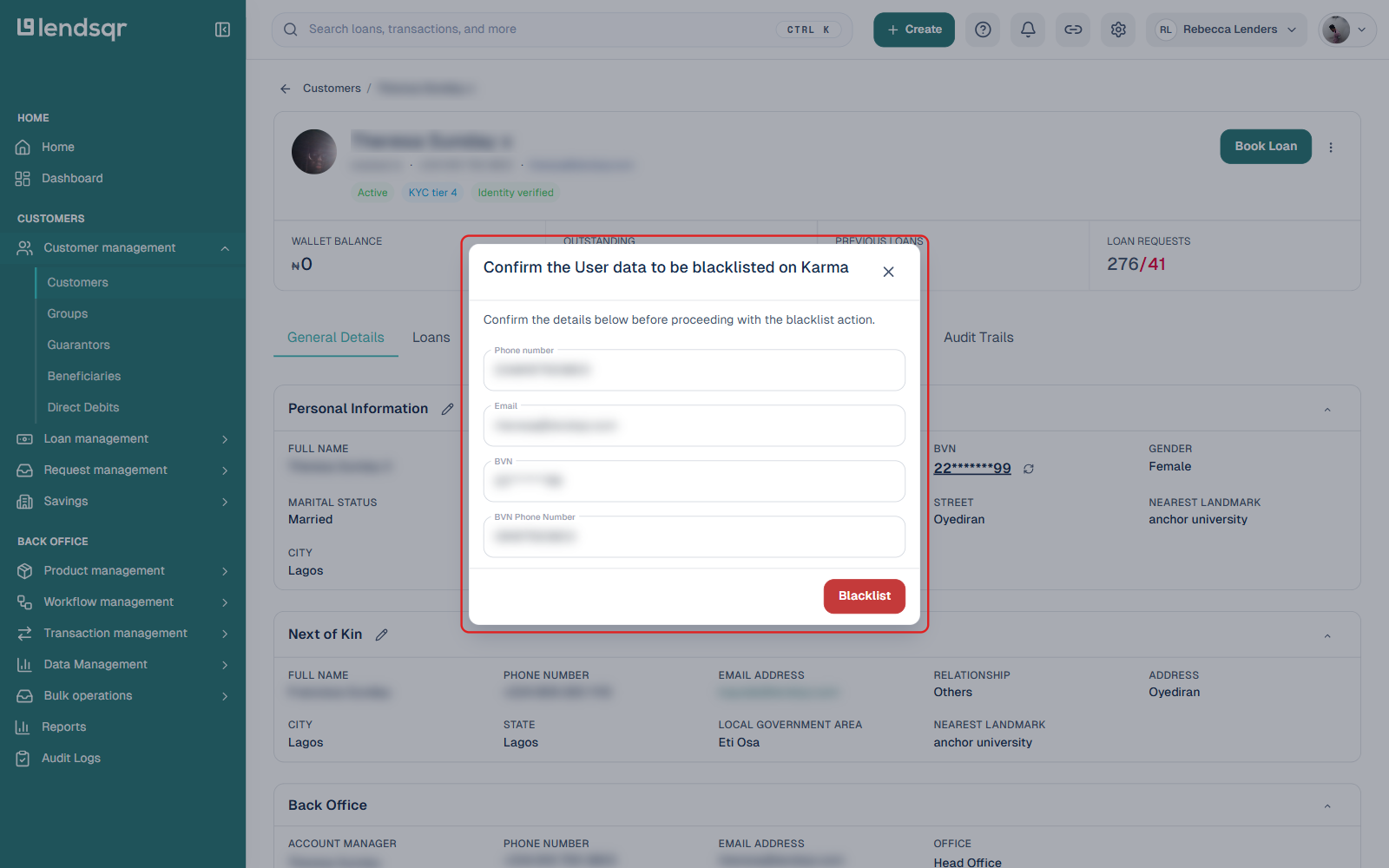Confirm the User data to be blacklisted on Karma modal showing the customer's phone, email, BVN and BVN phone number fields