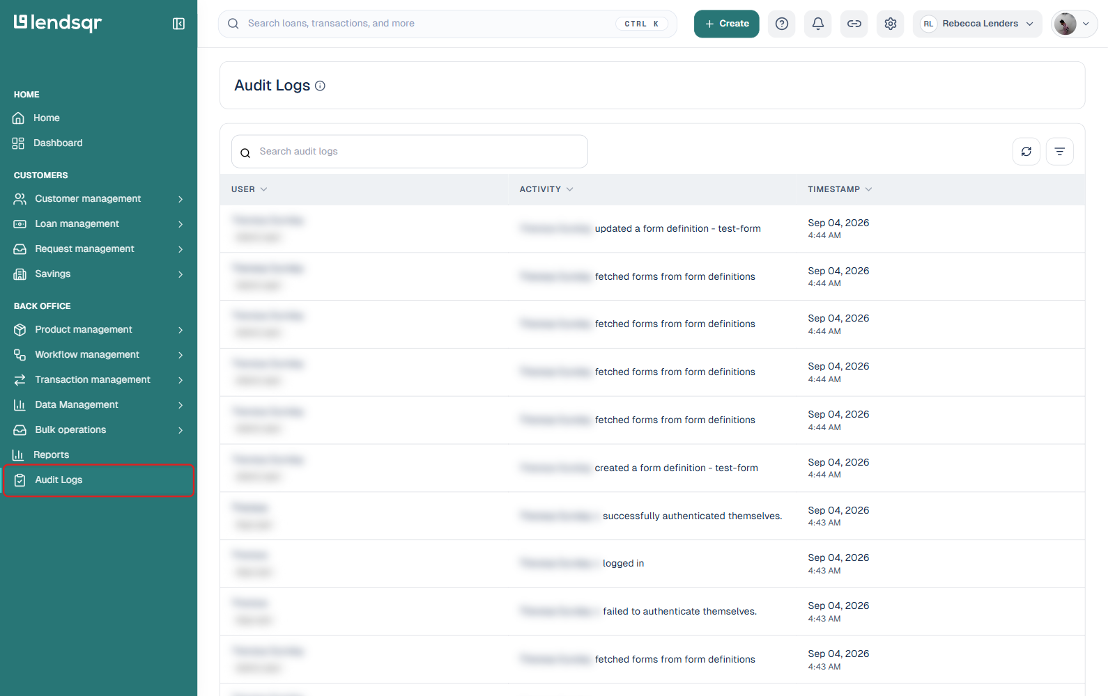 Audit Logs page listing user, activity, and timestamp for admin actions