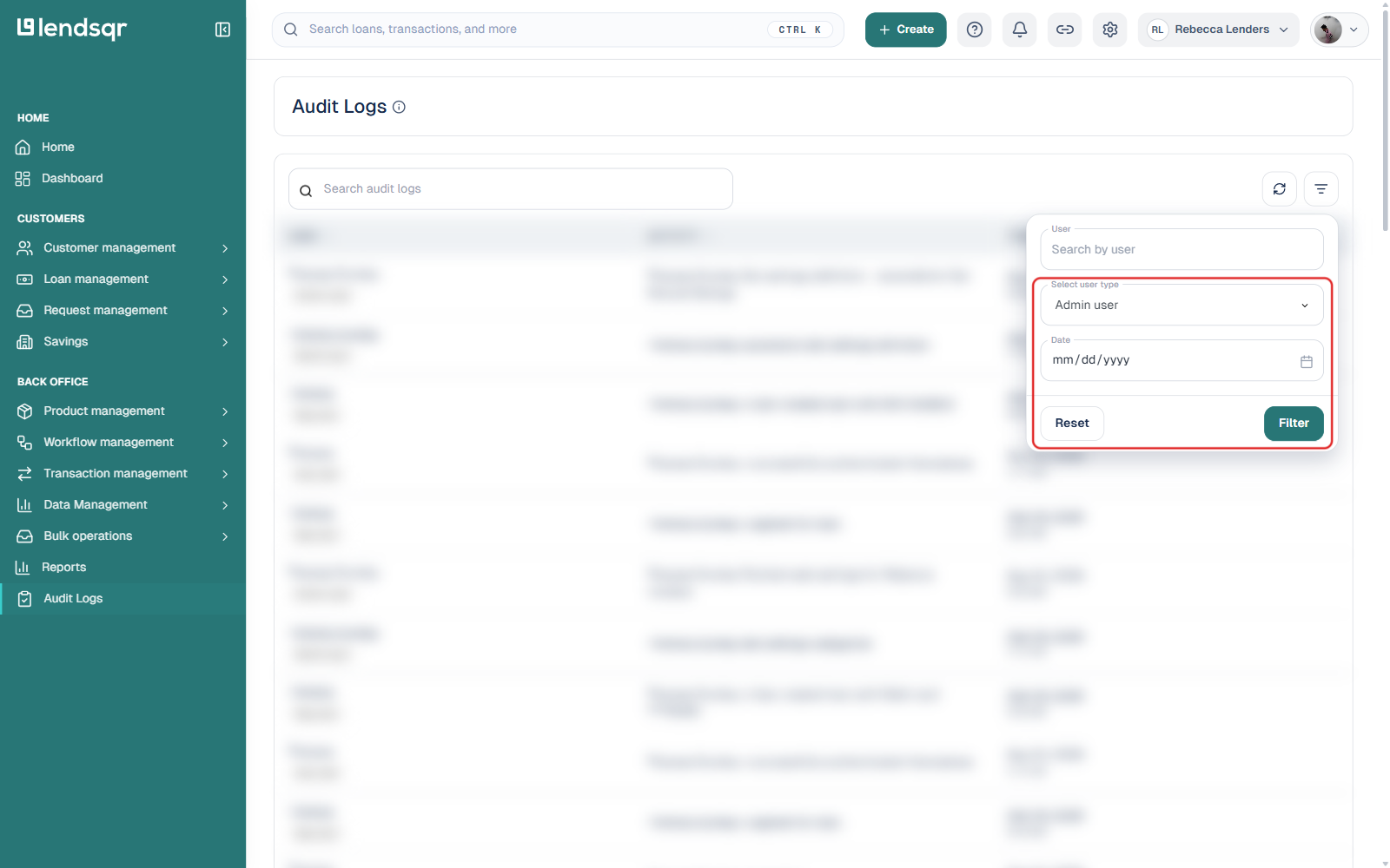 Audit Logs filter panel with Select user type set to Admin user and the Filter button highlighted