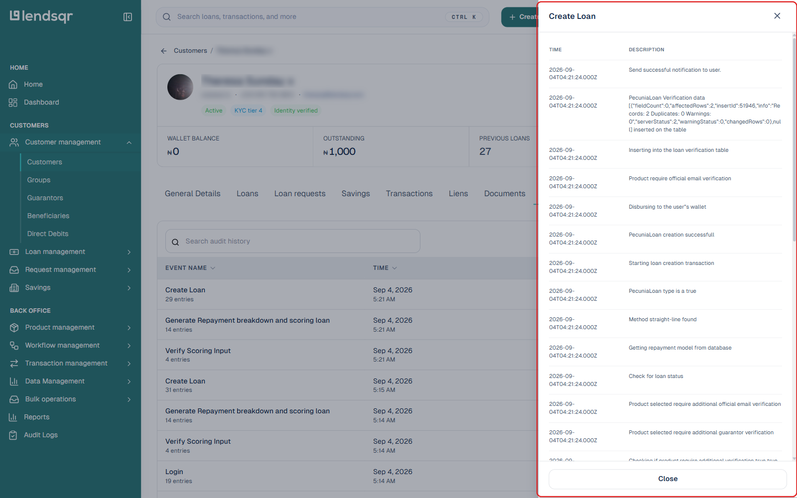 Create Loan event detail panel showing a timestamped step-by-step trace of the transaction
