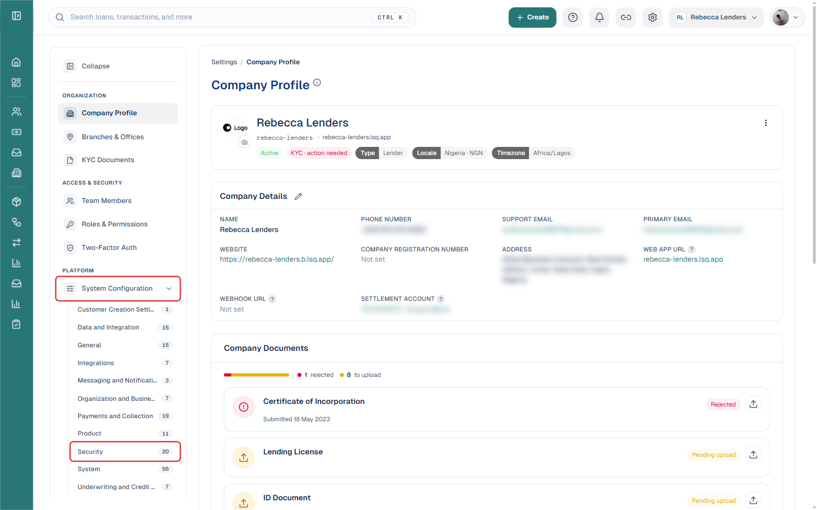 Settings sidebar with System Configuration expanded and Security highlighted