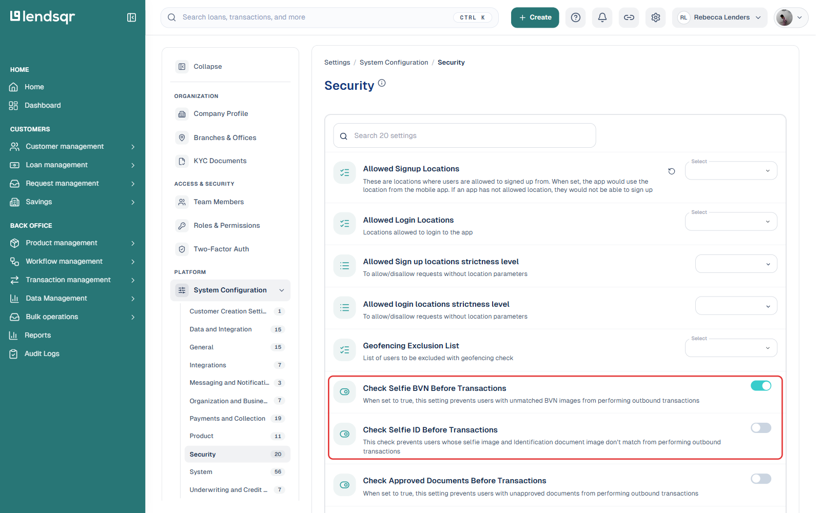 Settings System Configuration Security page listing location and identity-check settings including Check Selfie BVN Before Transactions